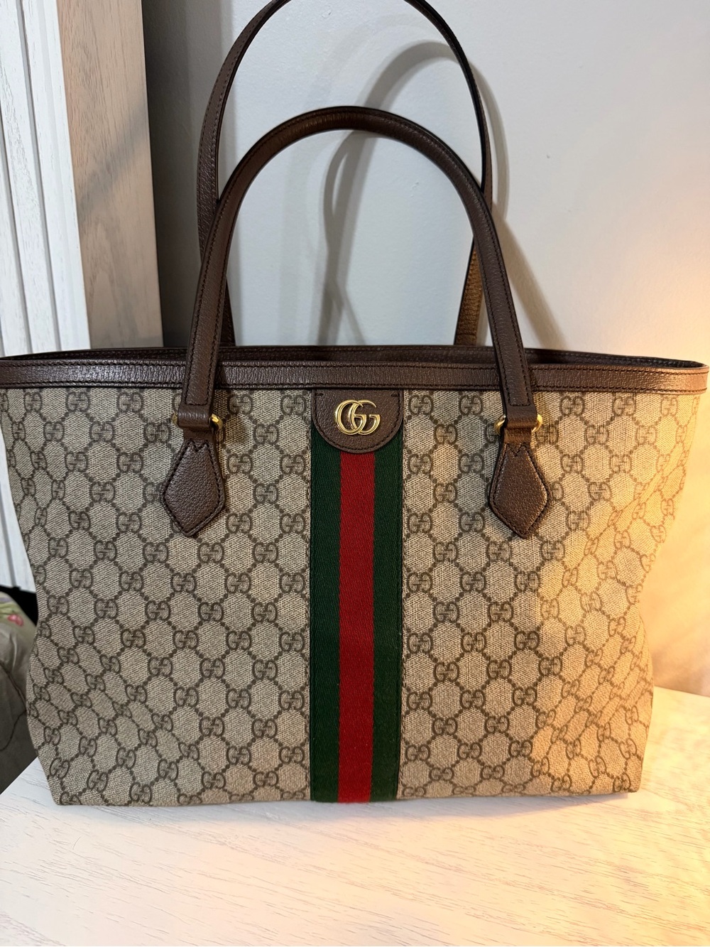 Gucci Beige Brown GG Supreme Ophidia Tote with Green-Red Web Stripe